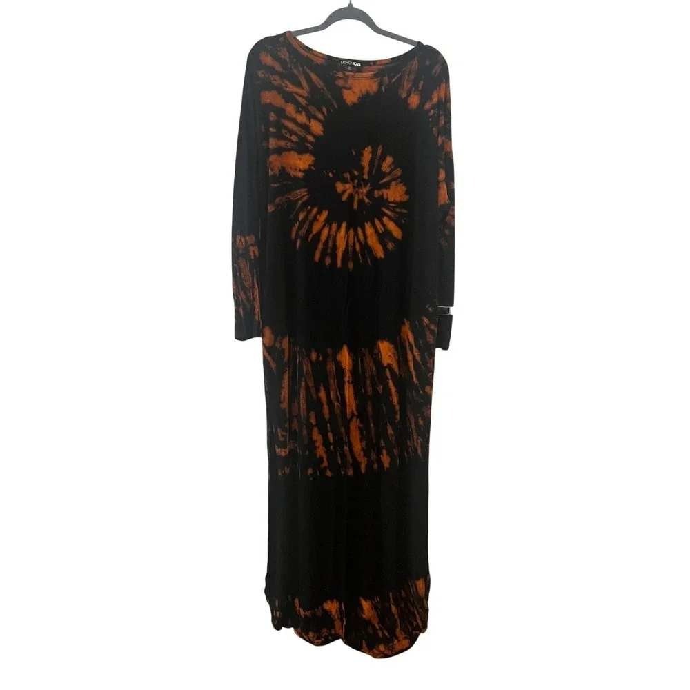 Fashion Nova Maxi Dress Womens Large Black Orange Excellent Tie Dye NMD873 1094